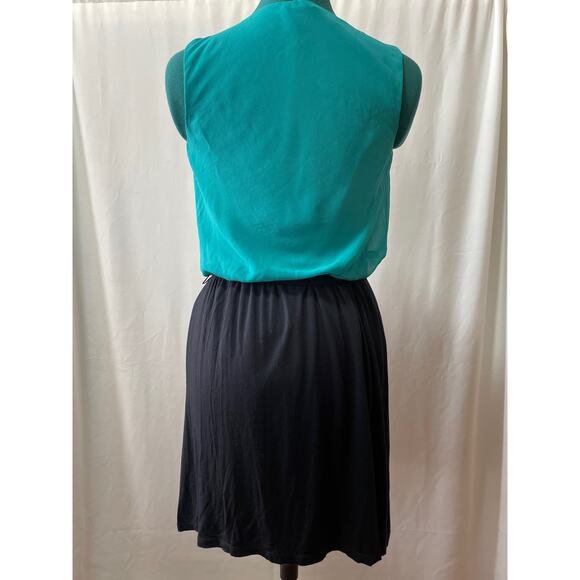 Express Teal Black Cowl Neck Color Block Tie Front Sleeveless Draped Dress S - Picture 2 of 3